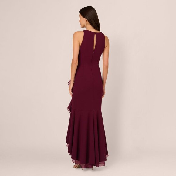 Adrianna Papell High Low Crepe Halter Gown With Organza Draping - Picture 5 of 8